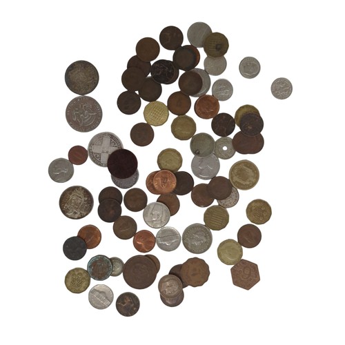 149 - Tin containing assorted silver and copper coins, gross weight including tin 735 grams