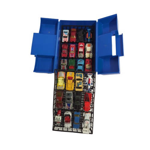 640 - Small blue plastic toy car box with 24 x diecast cars, mostly Matchbox