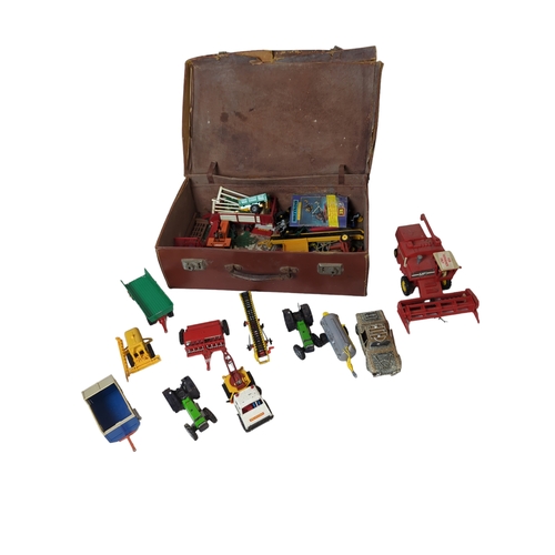 641 - Leather suitcase with mostly Britains ltd vehicles  etc