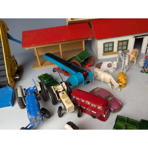 642 - Britains farm yard with animals buildings trees stables land rover l.w.b and other items. Including ... 