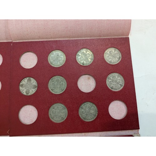 153 - Two florin folders, part filled, 1902 and later, duplicate 1951 and three 10 pence coins, gross weig... 