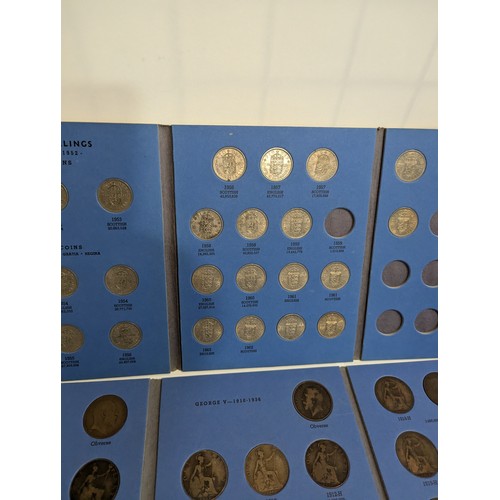 152 - Seven coin folders, post 1947, mostly part filled, including threepence, half pennies, pennies and s... 