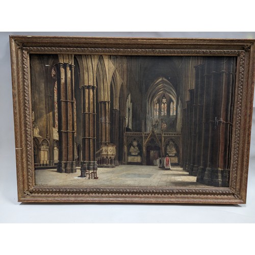 297 - Oil on canvas of a cathedral interior, signed H. E Rider lower left, framed 104 x 74cm