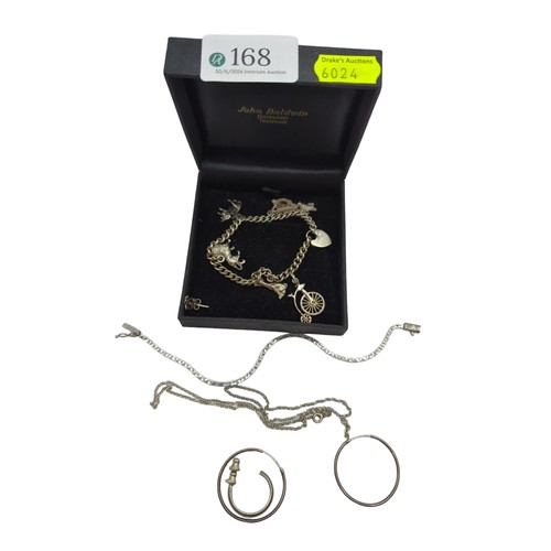 168 - 27.6 grams of silver jewellery including a baby's charm bracelet, neck chain. bracelet, pair of hoop... 