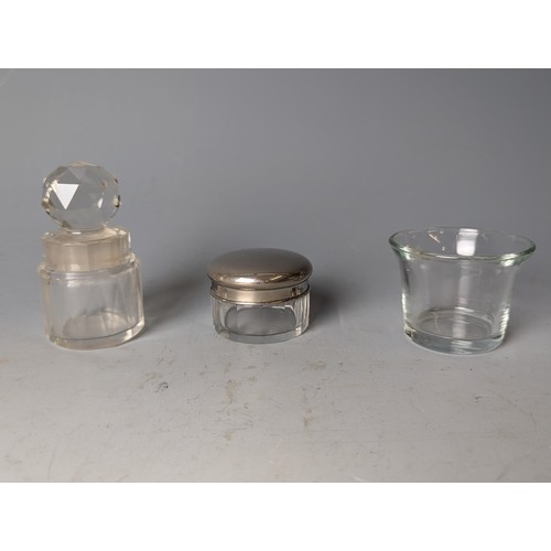 183 - Silver plated desk stand with three various glass pots