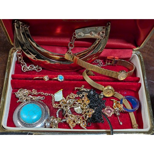 176 - Small quantity of costume jewellery in cream box and various watches including some boxed