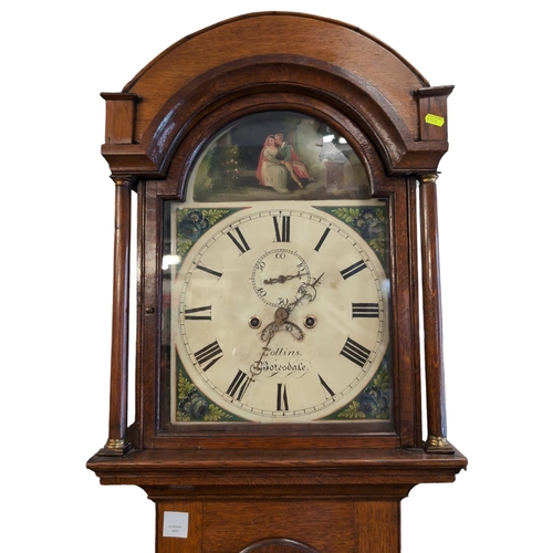 467 - Oak longcase clock, signed Collins, Botesdale, with date aperture. H208cm