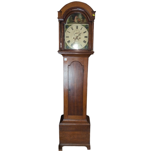 467 - Oak longcase clock, signed Collins, Botesdale, with date aperture. H208cm