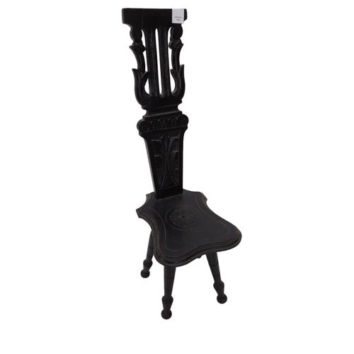 473 - Ebonised oak spinning chair with high back and carved panelled 90cm