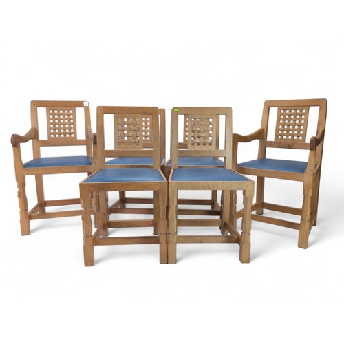 488 - A set of 6 'Mouseman' oak dining lattice back chairs, with 2 carvers.