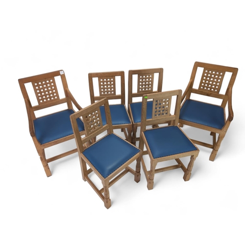 488 - A set of 6 'Mouseman' oak dining lattice back chairs, with 2 carvers.