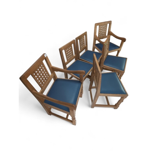 488 - A set of 6 'Mouseman' oak dining lattice back chairs, with 2 carvers.