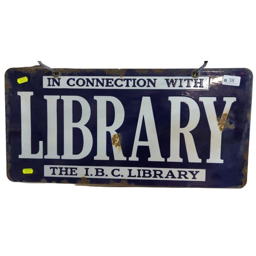 38 - In Connection With The I.B.C. Library double-sided enamel library sign. W58cm, H28cm. Original signa... 