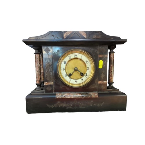 6 - Slate mantle clock. Pendulum and key included. W32.5cm, D13.5cm, H29cm.