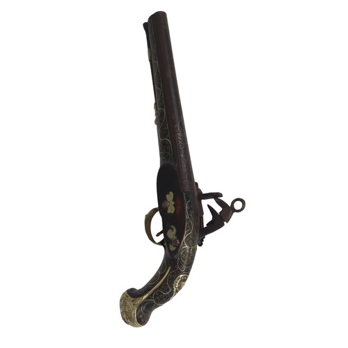 97 - Indian flintlock pistol with inlaid wirework, length 45cm