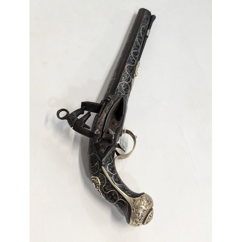 97 - Indian flintlock pistol with inlaid wirework, length 45cm