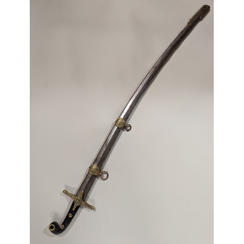 100 - Mameluke style black hilted sword, slightly curved blade, blade length 85cm, with scabbard