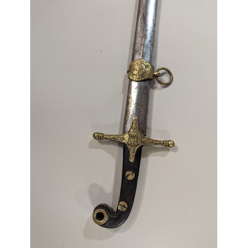 100 - Mameluke style black hilted sword, slightly curved blade, blade length 85cm, with scabbard