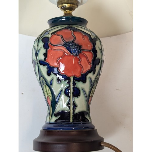 50 - Moorcroft poppy pattern table lamp by Rachel Bishop with silk shade, height to bulb fitting 22cm