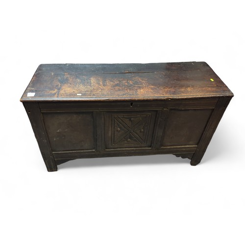 472 - Antique Oak carved coffer 122cm by 44cm by 69cm