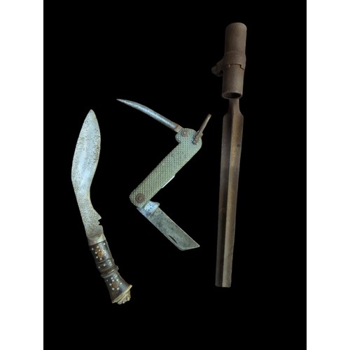 108 - Rodgers naval jack knife, bayonet (loss to blade) and a small kukri knife