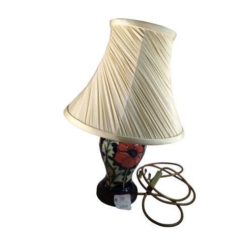 50 - Moorcroft poppy pattern table lamp by Rachel Bishop with silk shade, height to bulb fitting 22cm