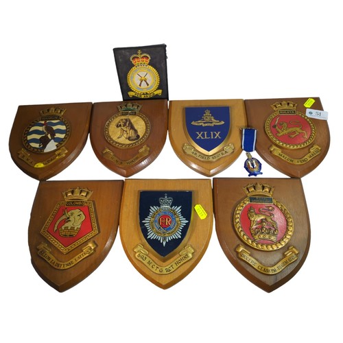 51 - 7 wooden, regimental, wall-hanging plaques inc. Colombo, Malaya. 1 silver gilt medal - Order of Oddf... 