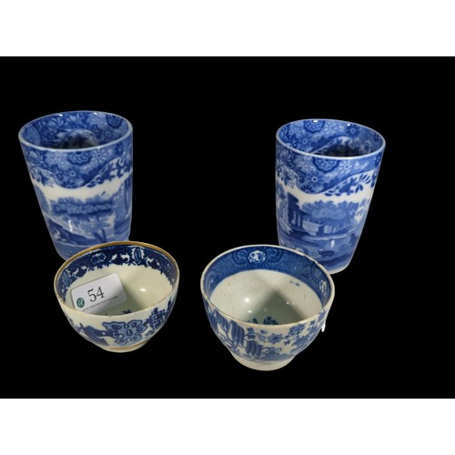 54 - 2 Spode ceramic, blue and white beakers + 2 small, blue and white bowls (1 with marking to face).