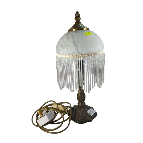 59 - Small, brass-effect table lamp with glass, beaded shade. H34cm. 