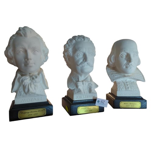 62 - 3 Goebel busts: Mozart, Joh. Strauss, Shakespeare. Signed 