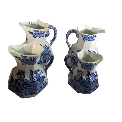 63 - 4 graduated, blue and white jugs by Mason's Ironstone. Tallest H17cm.