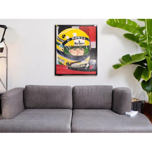 308 - 2 framed oil on board: Ayrton Senna portrait, 67x79.5cms  and a racing Ferrari, 80x67cms, both ... 