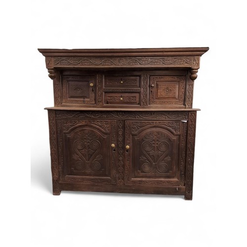 495 - Oak carved dresser L157 x D54 x H160cm approx. 