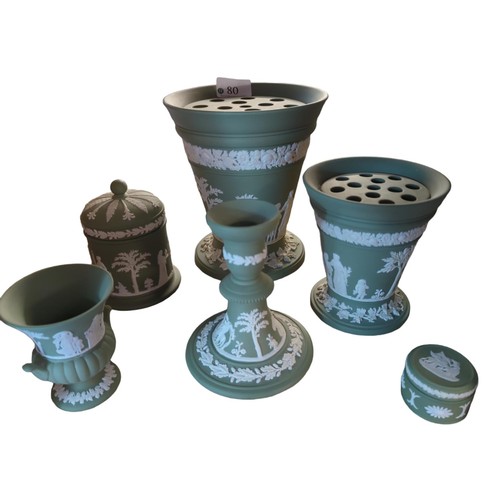 80 - 6 Wedgwood olive jasperware items inc. vase, candlestick and small pot. Tallest H17.5cm