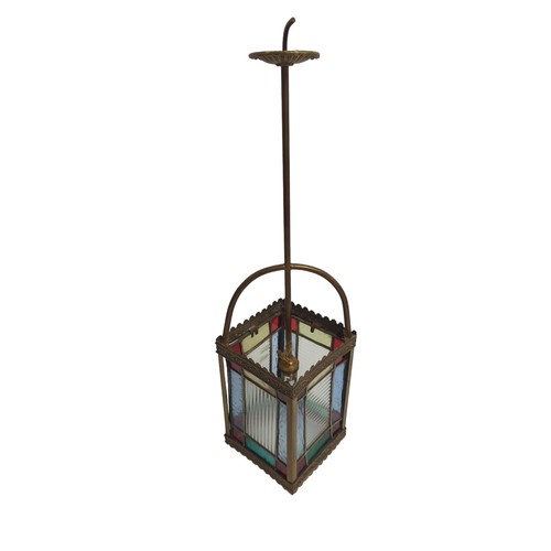 88 - Victorian stained glass square section hall lantern, height of lantern 24.5cm, overall height to cei... 