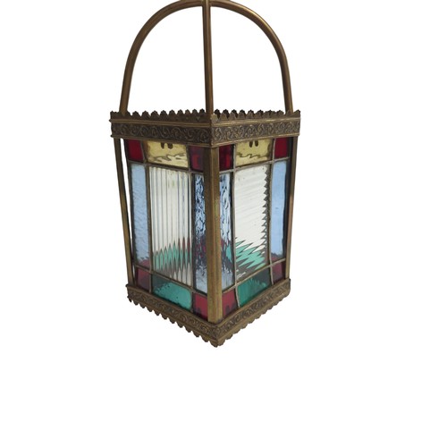 88 - Victorian stained glass square section hall lantern, height of lantern 24.5cm, overall height to cei... 