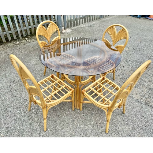 599 - Bamboo round glass topped table D107cm x H74cm + 4 x matching Bamboo chairs