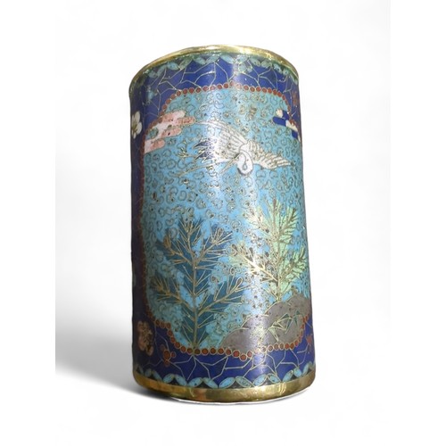 207 - Pair of Japanese cylindrical cloisonné vases, decorated with cranes, flowers and foliage, hei... 