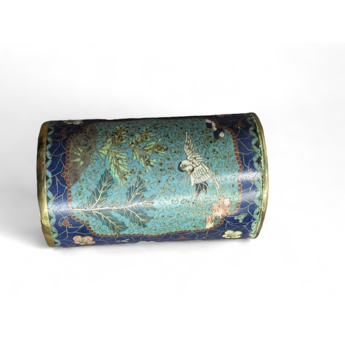 207 - Pair of Japanese cylindrical cloisonné vases, decorated with cranes, flowers and foliage, hei... 