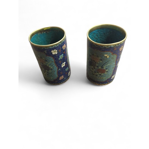 207 - Pair of Japanese cylindrical cloisonné vases, decorated with cranes, flowers and foliage, hei... 