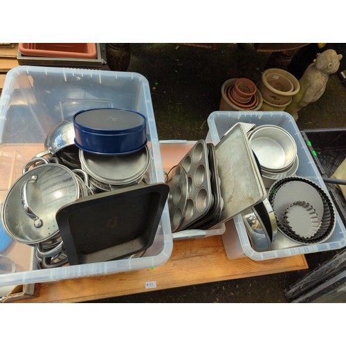 114 - Selection of stainless steel pots and pans + baking trays etc. Includes Prestige, Thomas, Betty Croc... 