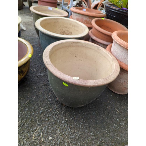 135 - 3 large glazed planters , largest ht 32 x diam 39cms