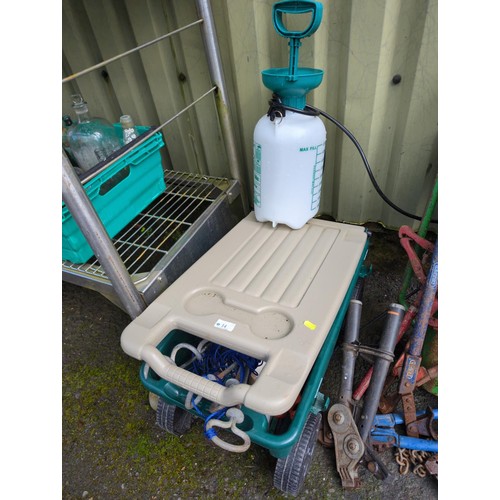 14 - Lawn Buddy plastic trolley + some tool contents inc. trowel and hand fork + 5l pressure sprayer.&nbs... 