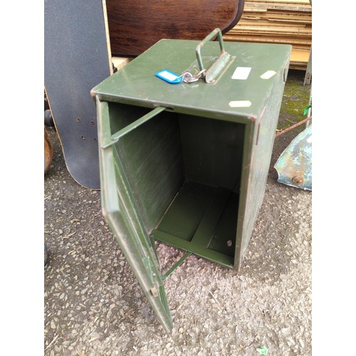 153 - Lockable front opening green metal box with key and handles, marked W.M.P. Ltd 1953 ER