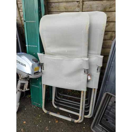 38 - 4 metal-framed, folding, garden chairs. 2 x grey, 2 x blue upholstery.