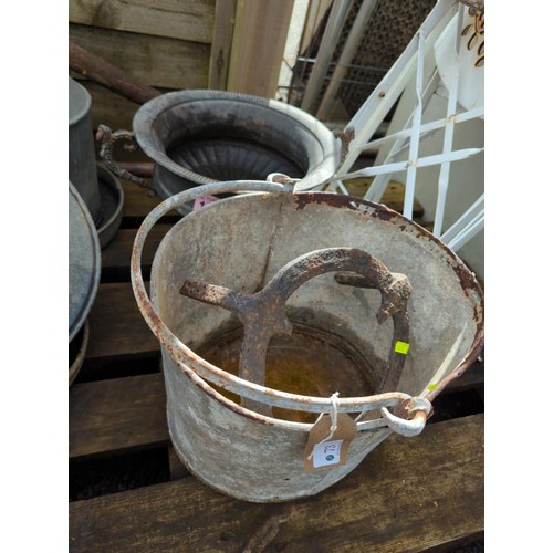 73 - Galvanised bucket + wrought iron trivet + metal urn planter.