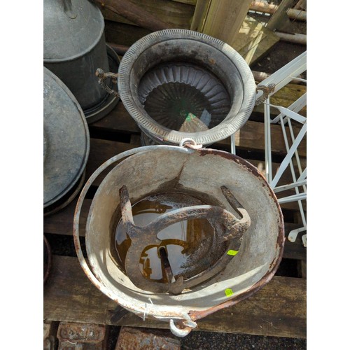 73 - Galvanised bucket + wrought iron trivet + metal urn planter.