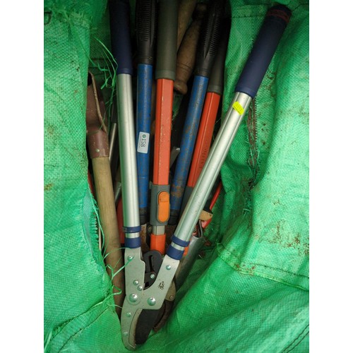 158 - Green bag of garden tools inc secateurs, scythe  & 3 pairs of loppers