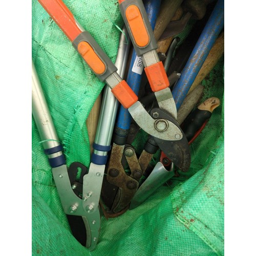 158 - Green bag of garden tools inc secateurs, scythe  & 3 pairs of loppers