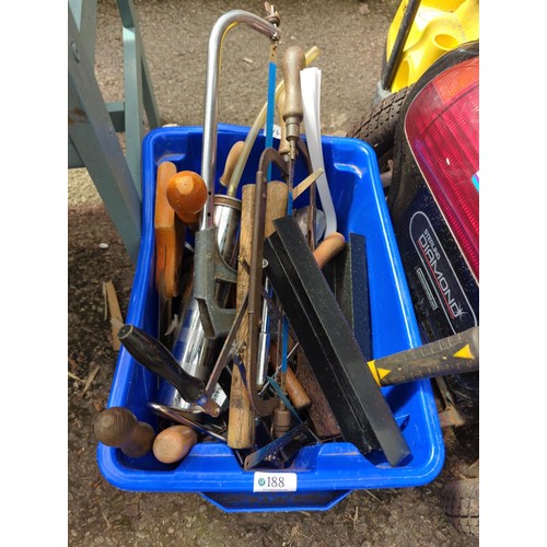 188 - Blue plastic tub of hand tools inc hammers & saws